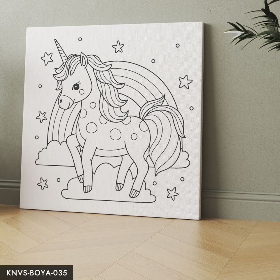 Sevimli Unicorn Çocuklara Özel 20x20 CM Kanvas Tuval Boyama Seti Fırça Boya Dahildir