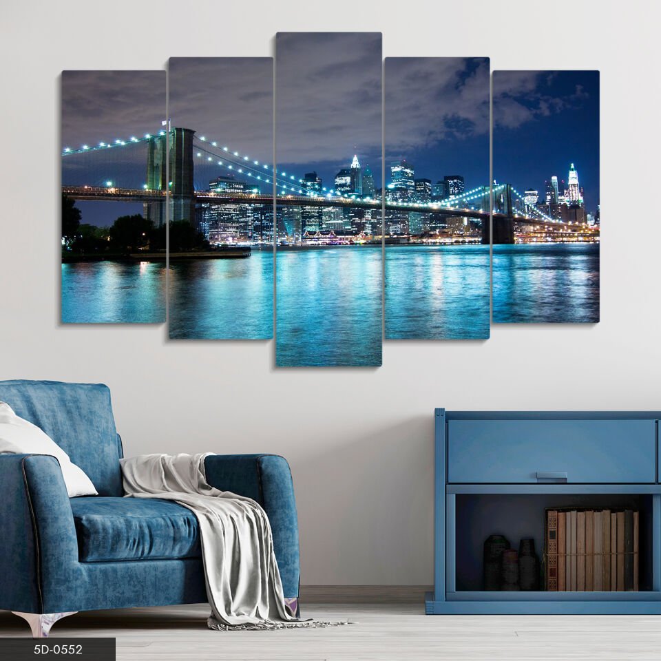 Mavi Işıklı Köprü 5 Parça Mdf Tablo 60x100 CM