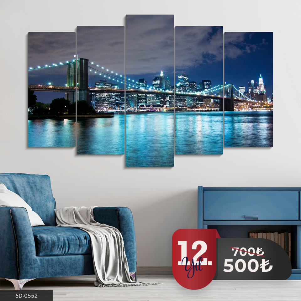 Mavi Işıklı Köprü 5 Parça Mdf Tablo 60x100 CM