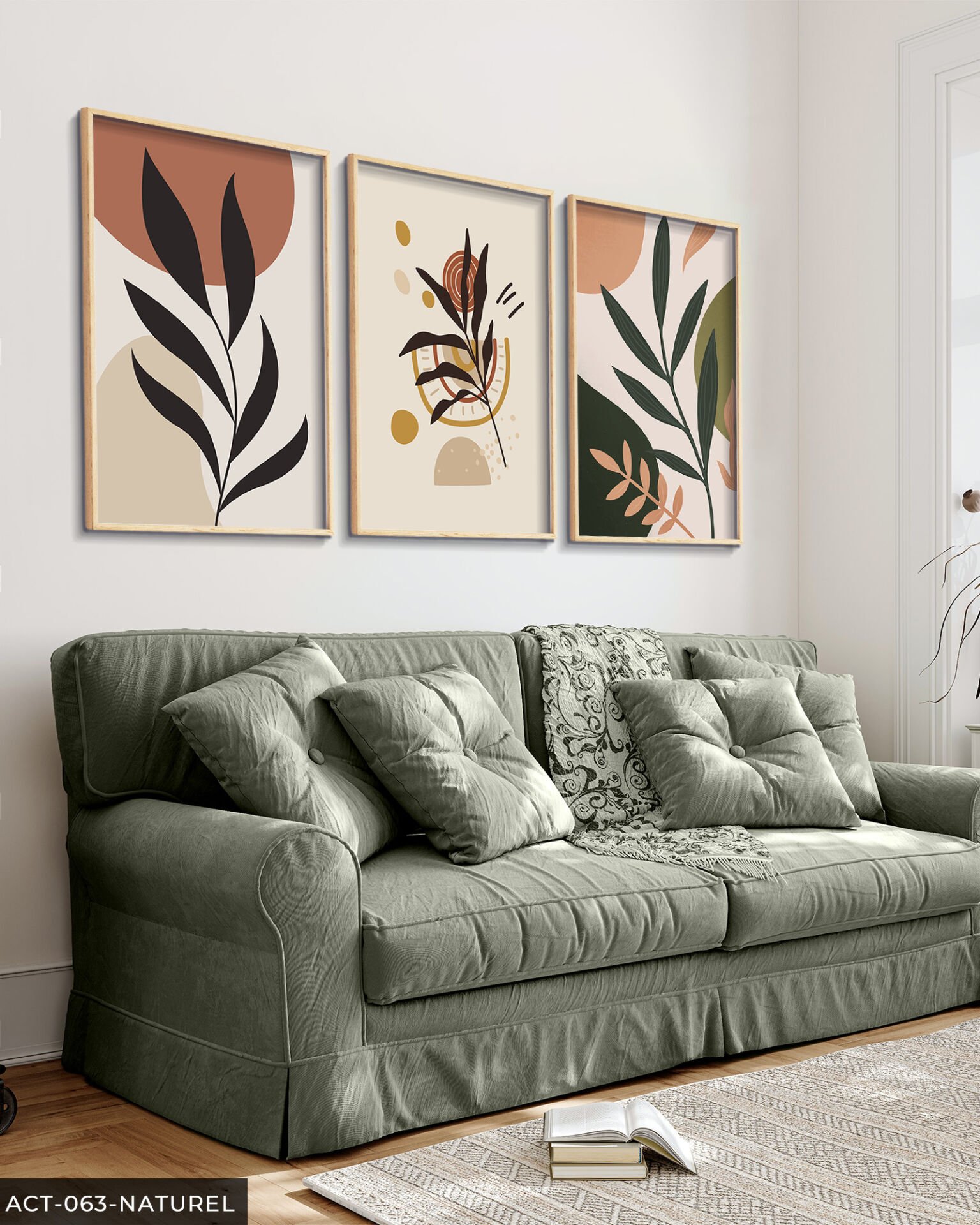 Çiçek Yaprak 3 Parça Ahşap Çerçeveli Tablo Naturel - 40 x 60 CM