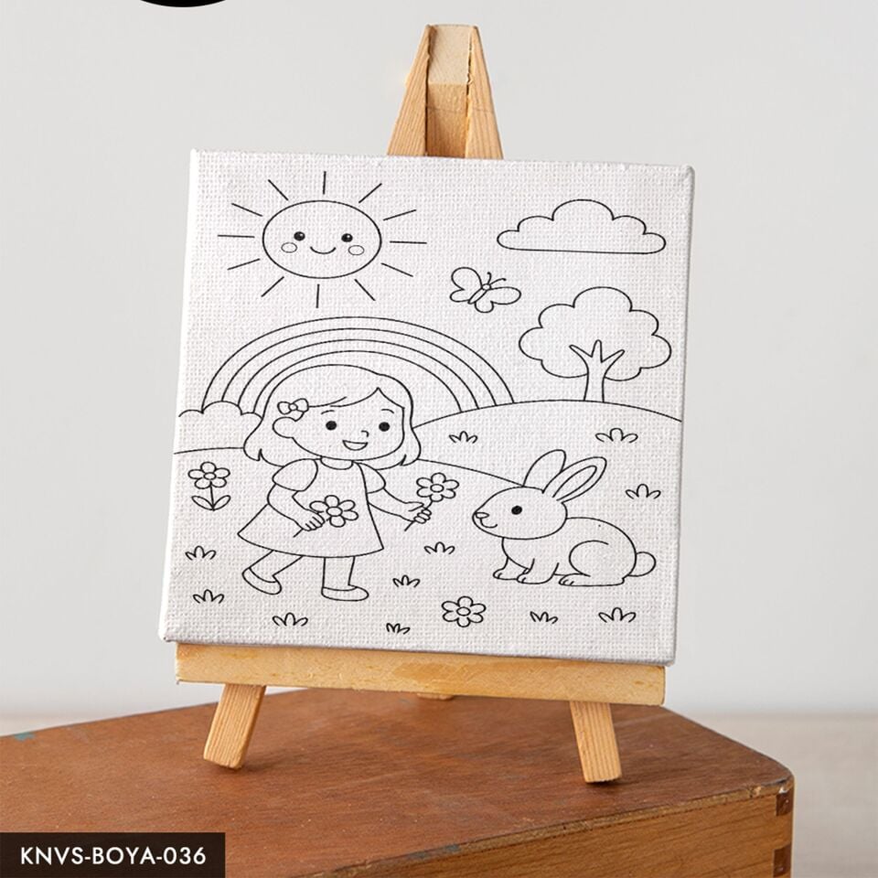 Tavşanla Çiçek Tutan Küçük Kız Çocuklara Özel 20x20 CM Kanvas Tuval Boyama Seti Fırça Boya Dahildir