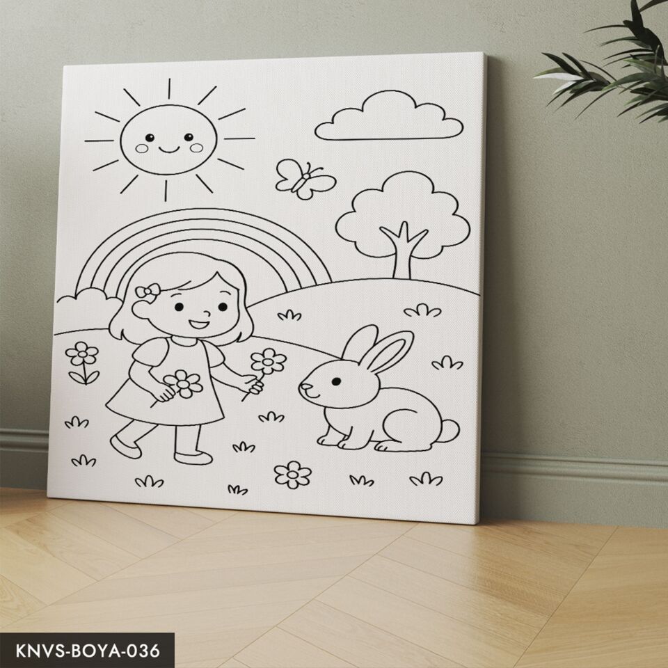 Tavşanla Çiçek Tutan Küçük Kız Çocuklara Özel 20x20 CM Kanvas Tuval Boyama Seti Fırça Boya Dahildir