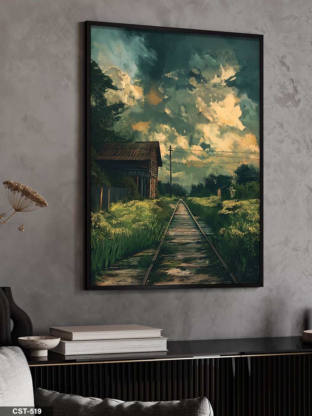 Tren yolu Tek Parça Ahşap Çerçeveli Tablo Siyah - 50 x 70 CM