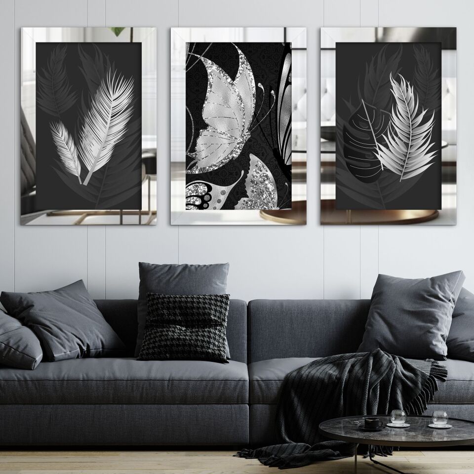 Gümüş Kelebekler 3 Parça Pleksi Aynalı Tablo 20 x 30 CM - Gümüş