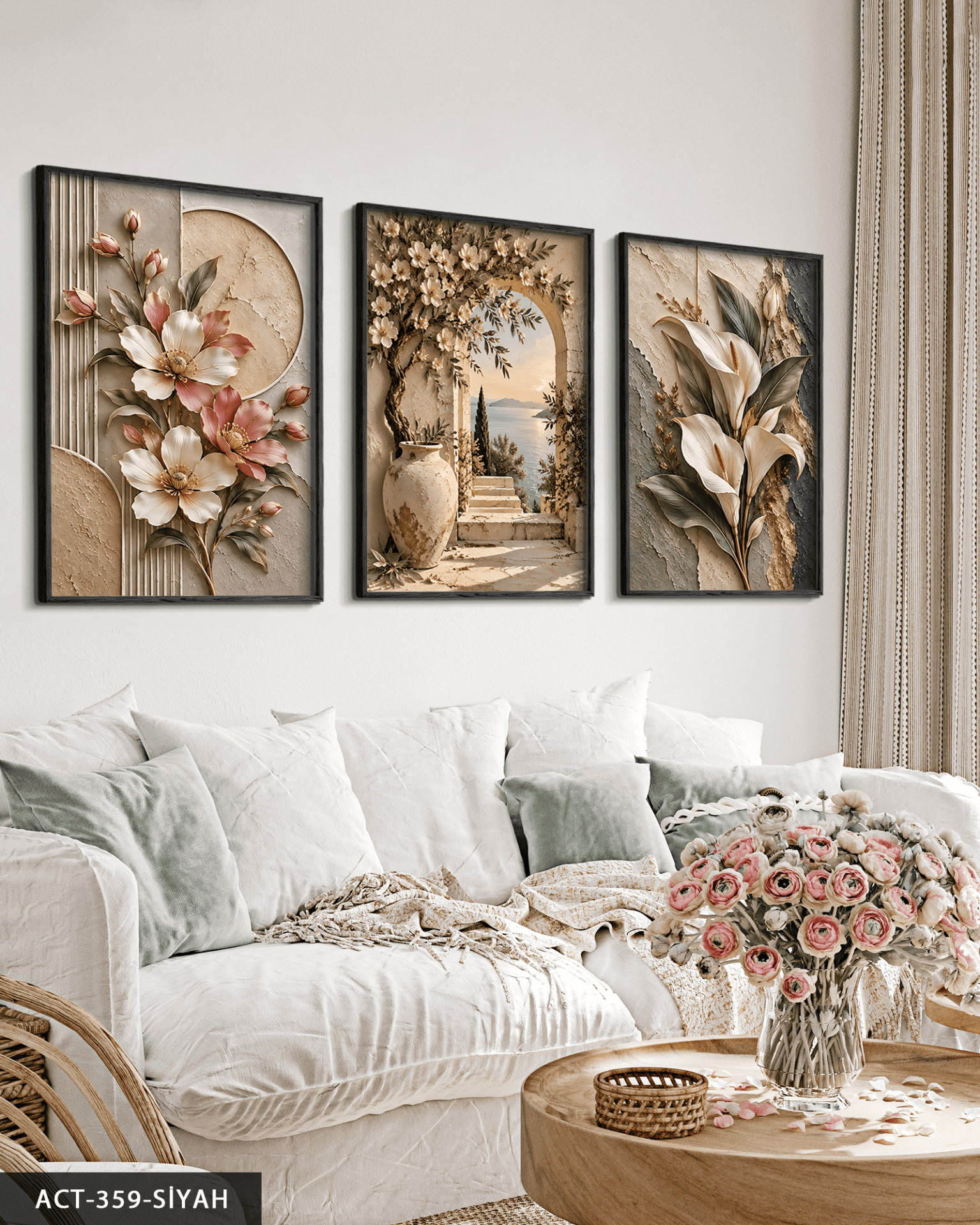 Dokulu Görünüm Çiçekli Manzara ve Zambak 3 Parça Ahşap Çerçeveli Tablo ACT Siyah - 50 x 70 CM