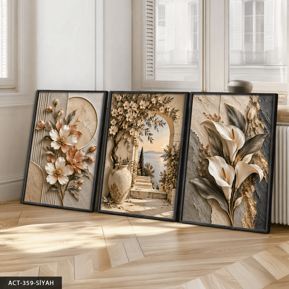 Dokulu Görünüm Çiçekli Manzara ve Zambak 3 Parça Ahşap Çerçeveli Tablo ACT Siyah - 50 x 70 CM