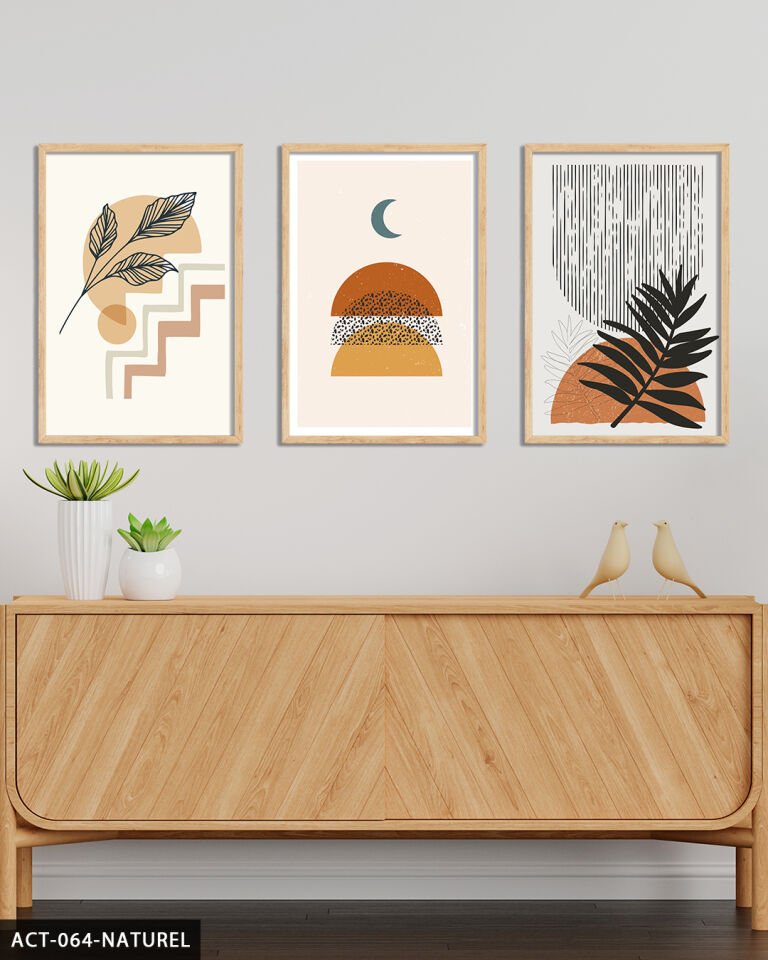 Çiçek Soyut 3 Parça Ahşap Çerçeveli Tablo Naturel - 40 x 60 CM