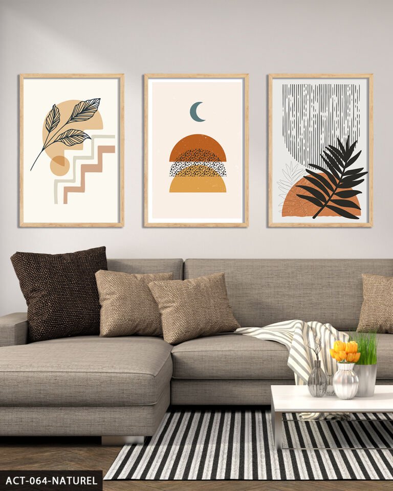 Çiçek Soyut 3 Parça Ahşap Çerçeveli Tablo Naturel - 40 x 60 CM