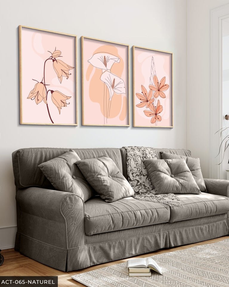 Çiçekler Soyut 3 Parça Ahşap Çerçeveli Tablo Naturel - 40 x 60 CM