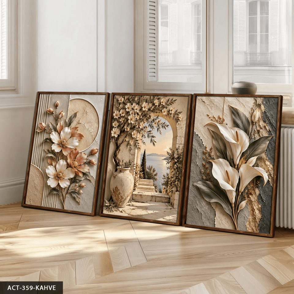 Dokulu Görünüm Çiçekli Manzara ve Zambak 3 Parça Ahşap Çerçeveli Tablo ACT Kahverengi - 30 x 40 CM