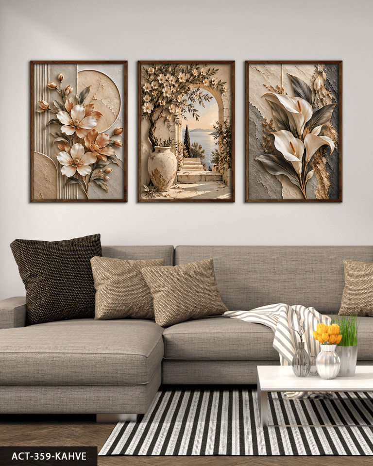 Dokulu Görünüm Çiçekli Manzara ve Zambak 3 Parça Ahşap Çerçeveli Tablo ACT Kahverengi - 30 x 40 CM