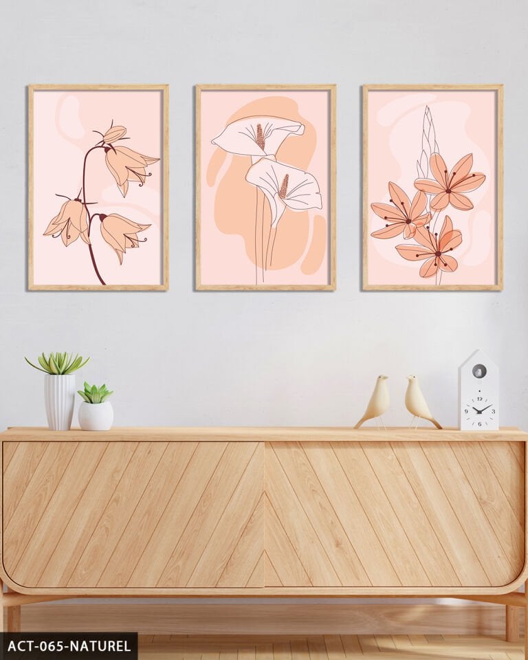 Çiçekler Soyut 3 Parça Ahşap Çerçeveli Tablo Naturel - 40 x 60 CM