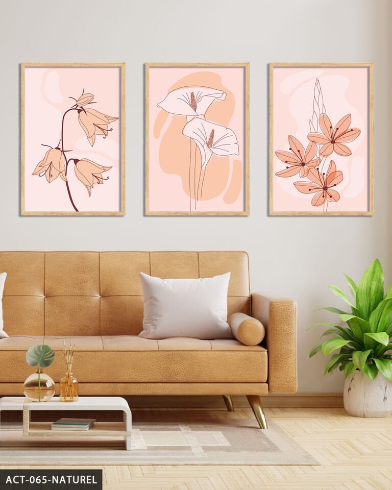 Çiçekler Soyut 3 Parça Ahşap Çerçeveli Tablo Naturel - 40 x 60 CM
