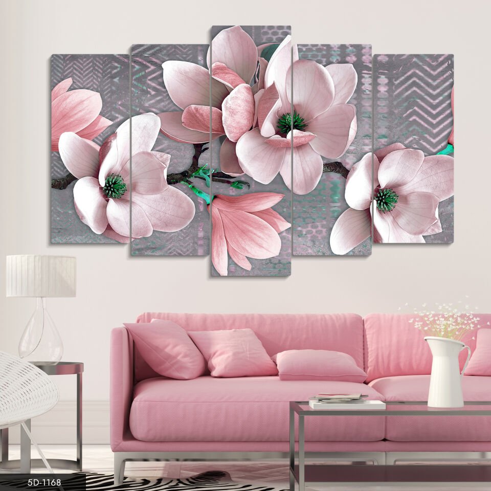 Pembe Çiçekler 5 Parça Mdf Tablo 60x100 CM