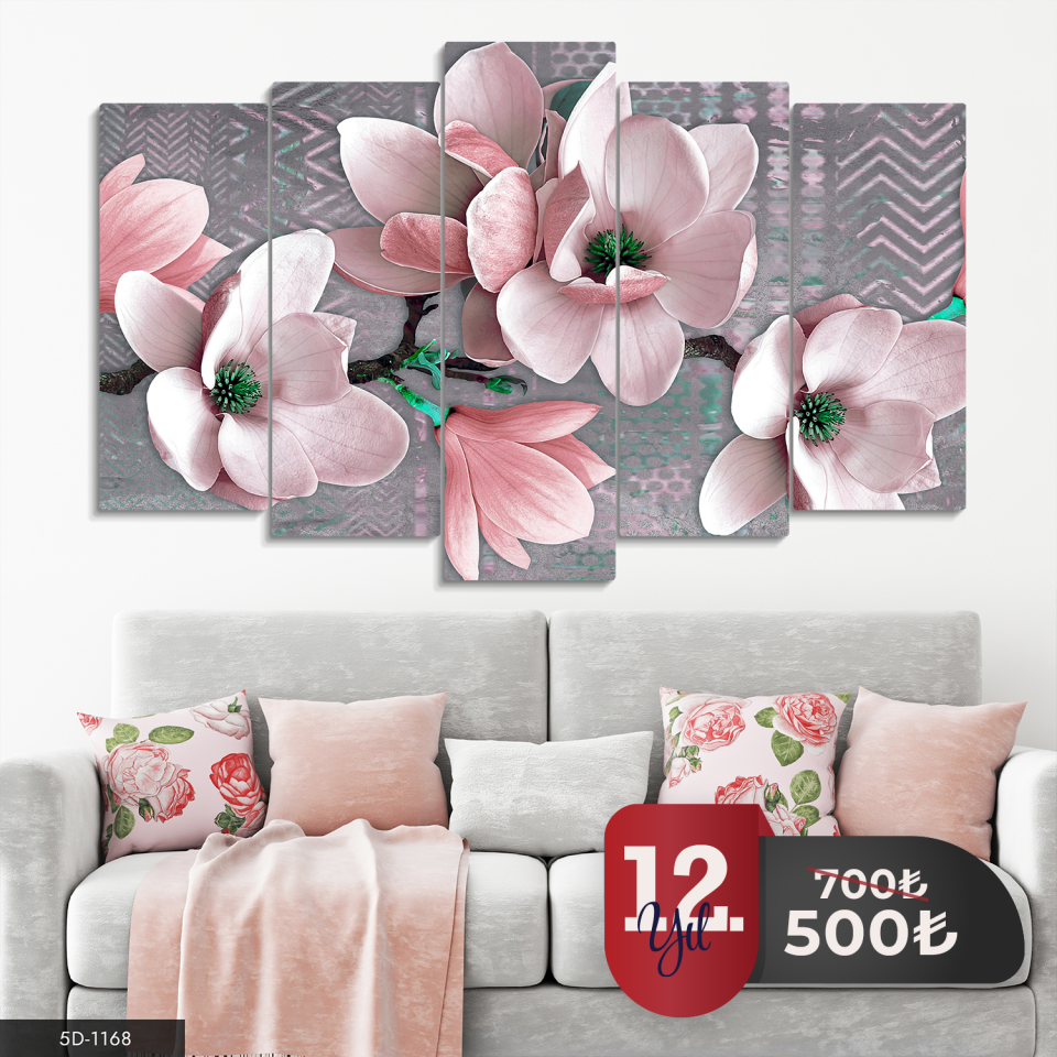Pembe Çiçekler 5 Parça Mdf Tablo 60x100 CM