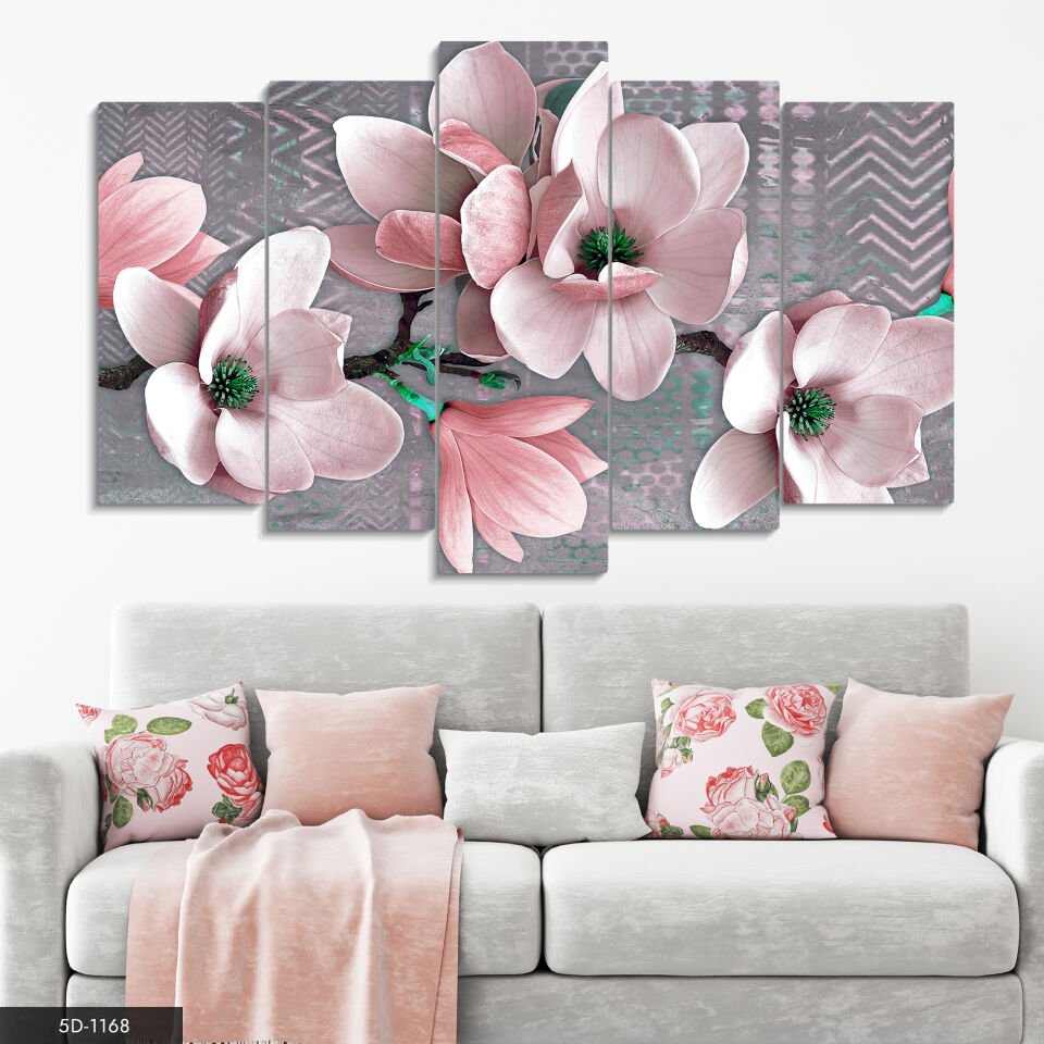 Pembe Çiçekler 5 Parça Mdf Tablo 60x100 CM