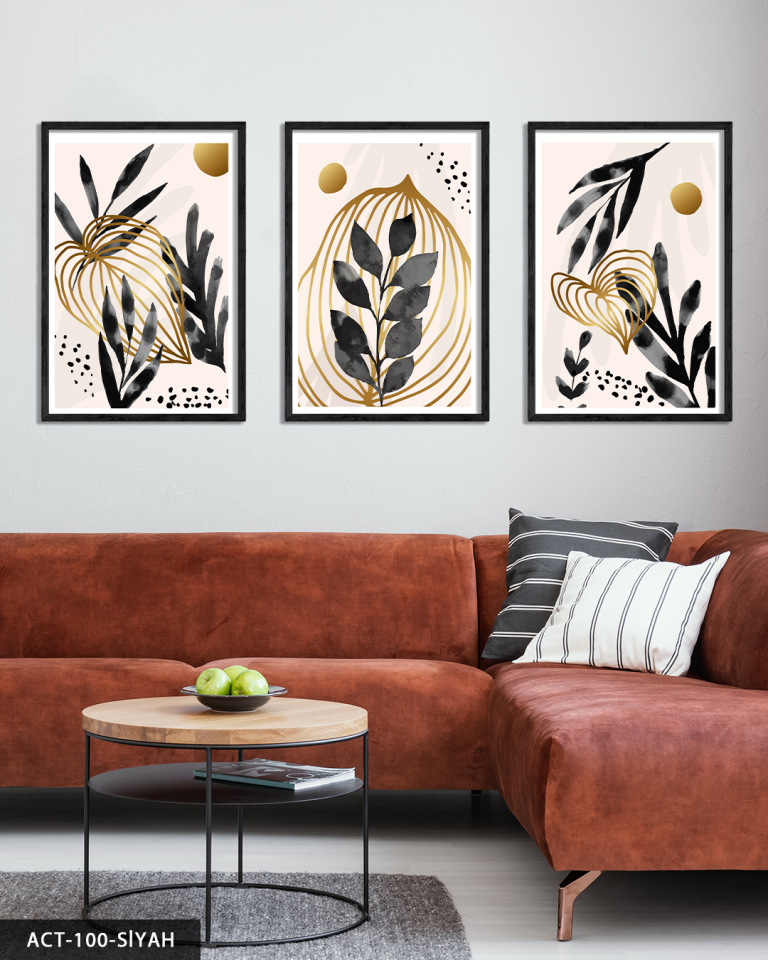 Boho Tarzı Sulu Boya Görünümlü Siyah Yaprak 3 Parça Ahşap Çerçeveli Tablo ACT Siyah - 50 x 70 CM