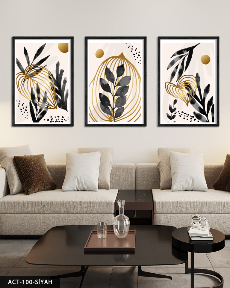Boho Tarzı Sulu Boya Görünümlü Siyah Yaprak 3 Parça Ahşap Çerçeveli Tablo ACT Siyah - 50 x 70 CM