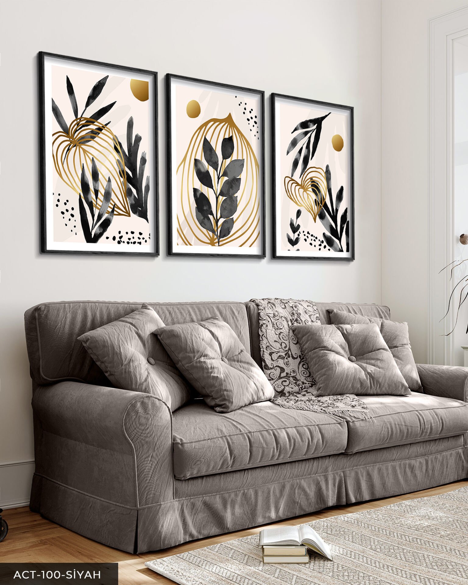 Boho Tarzı Sulu Boya Görünümlü Siyah Yaprak 3 Parça Ahşap Çerçeveli Tablo ACT Siyah - 50 x 70 CM