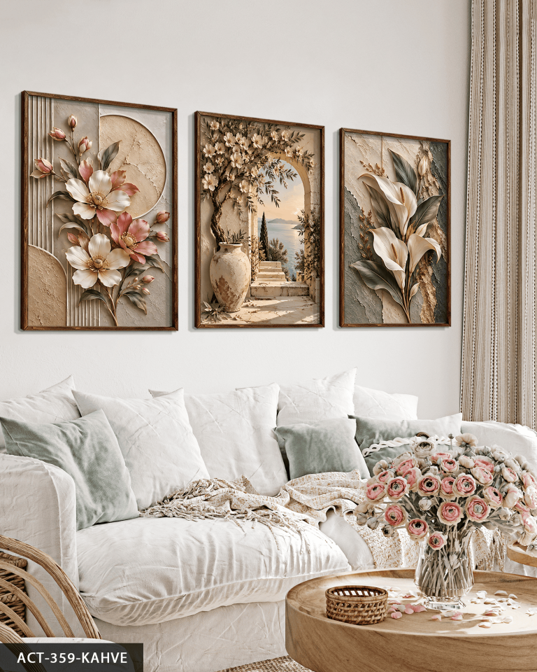 Dokulu Görünüm Çiçekli Manzara ve Zambak 3 Parça Ahşap Çerçeveli Tablo ACT Kahverengi - 40 x 60 CM