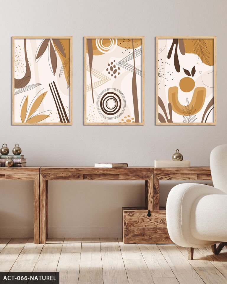 Soyut Desenler 3 Parça Ahşap Çerçeveli Tablo Naturel - 40 x 60 CM