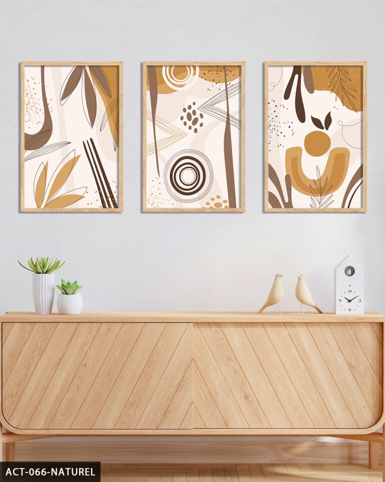 Soyut Desenler 3 Parça Ahşap Çerçeveli Tablo Naturel - 40 x 60 CM