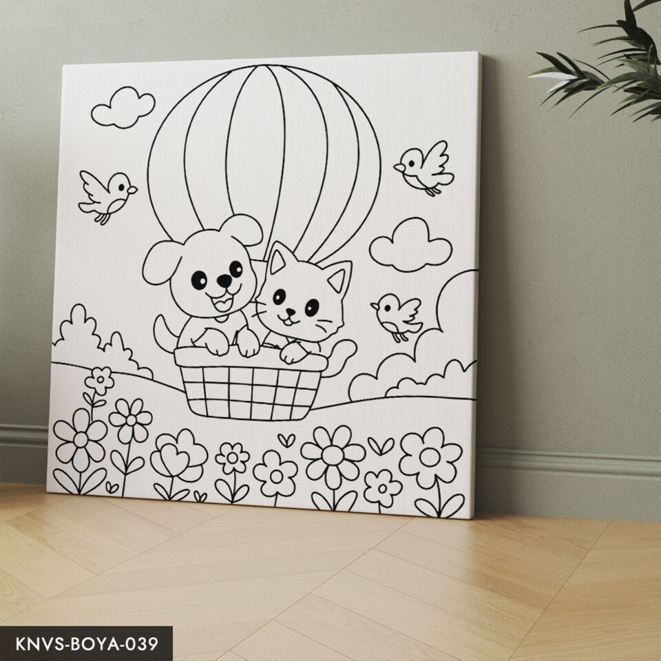 Kedi ve Köpek Balonda Çocuklara Özel 20x20 CM Kanvas Tuval Boyama Seti Fırça Boya Dahildir