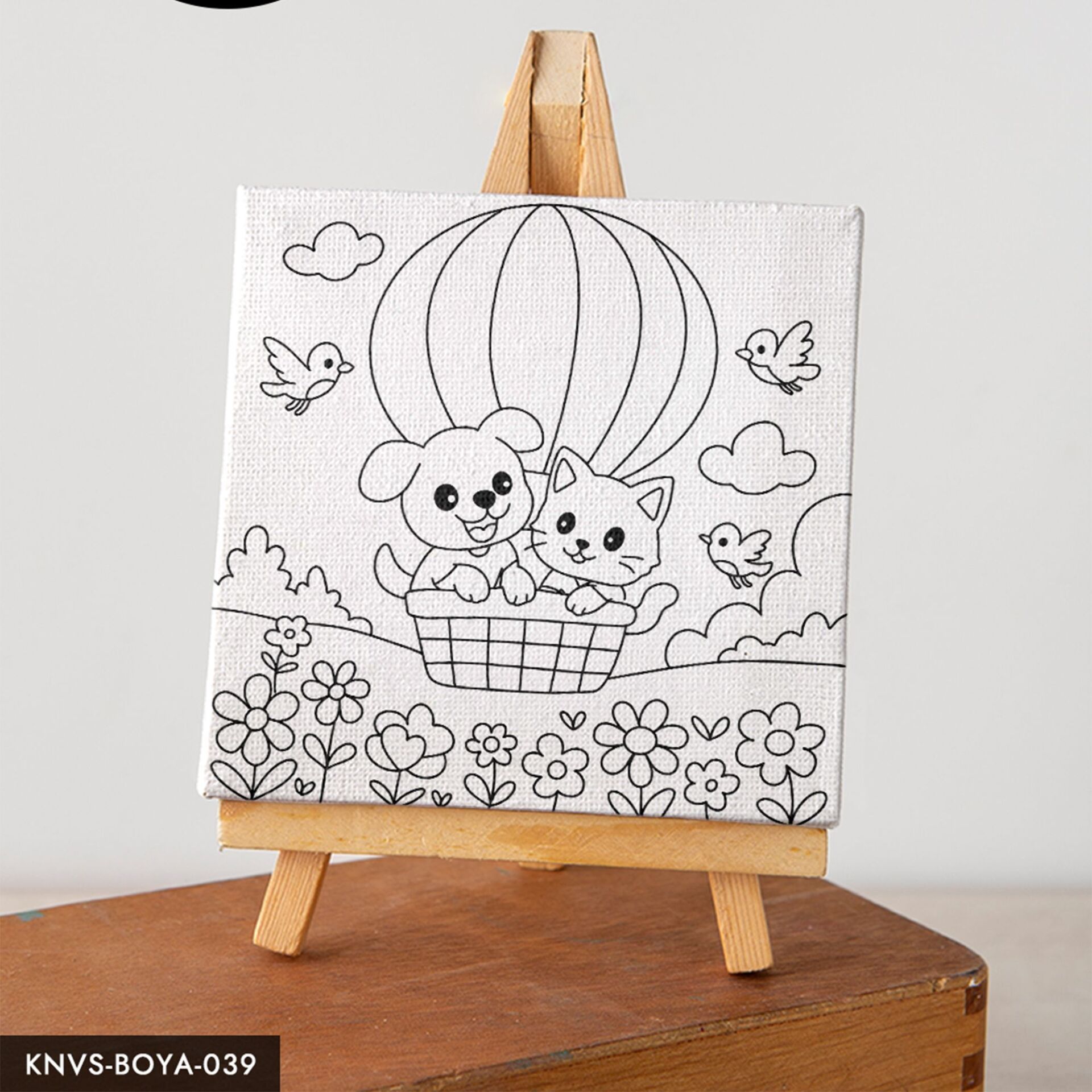 Kedi ve Köpek Balonda Çocuklara Özel 20x20 CM Kanvas Tuval Boyama Seti Fırça Boya Dahildir