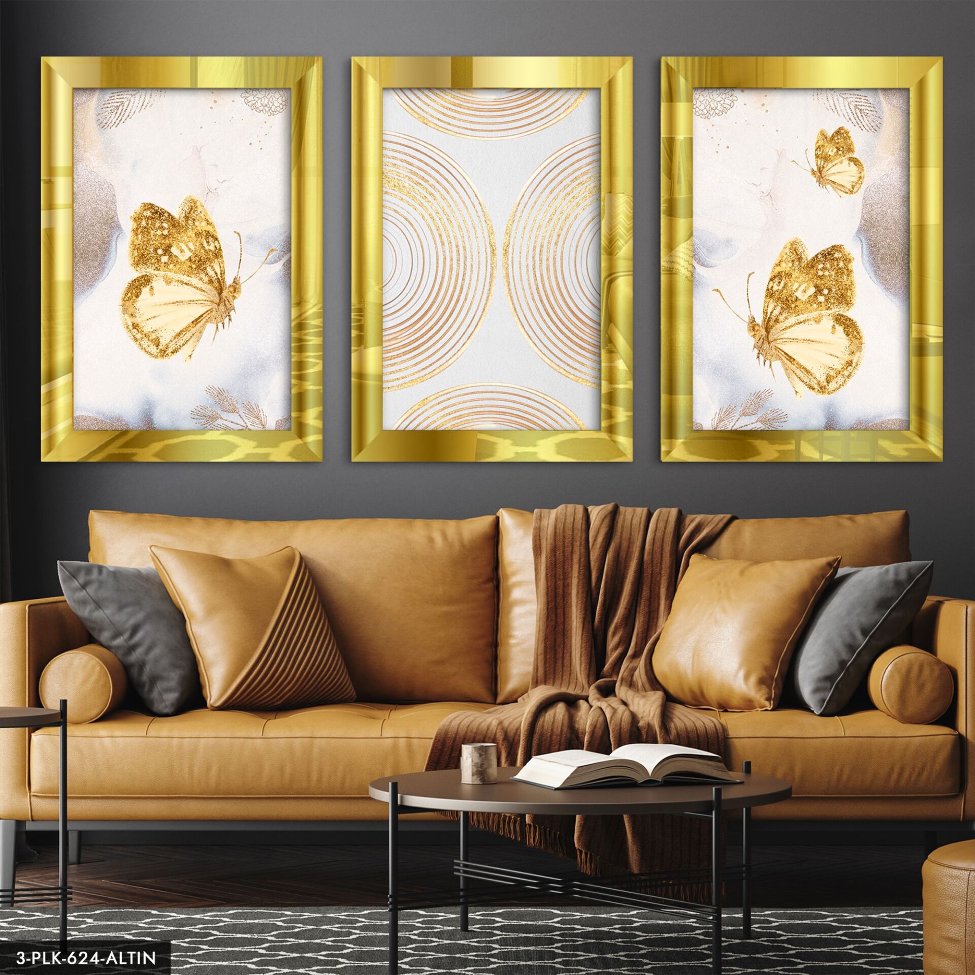 Kelebekler 3 Parça Pleksi Aynalı Tablo 20 x 30 CM - Gold