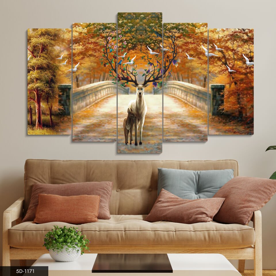 Geyik ve Kuşlar 5 Parça Mdf Tablo 60x100 CM