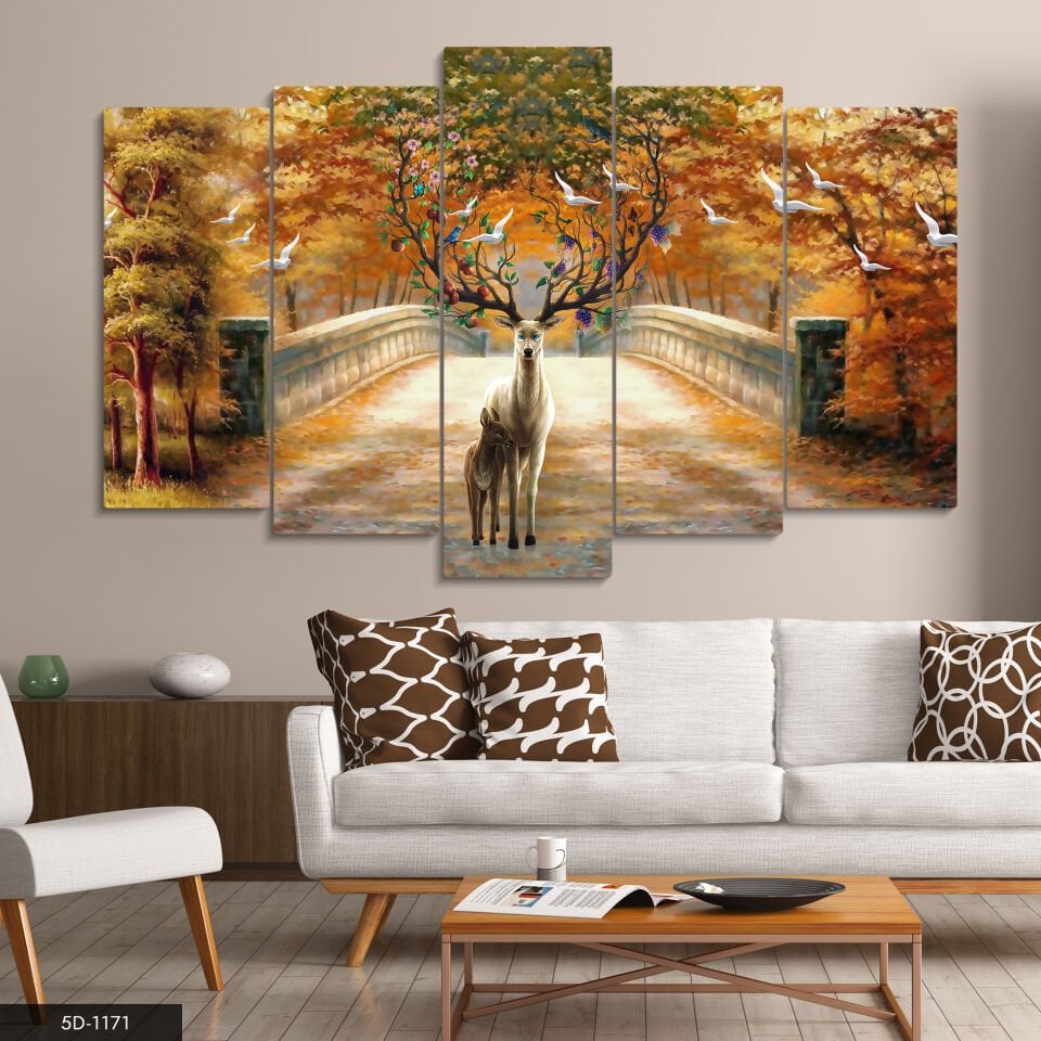 Geyik ve Kuşlar 5 Parça Mdf Tablo 60x100 CM