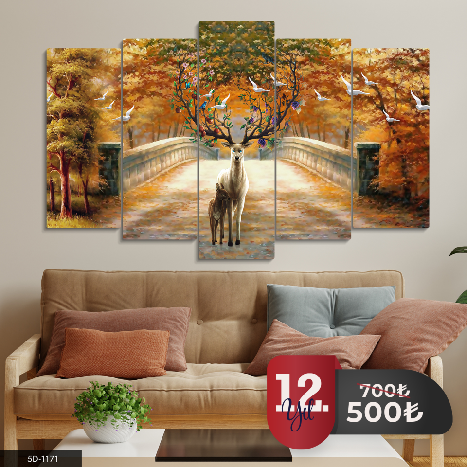 Geyik ve Kuşlar 5 Parça Mdf Tablo 60x100 CM