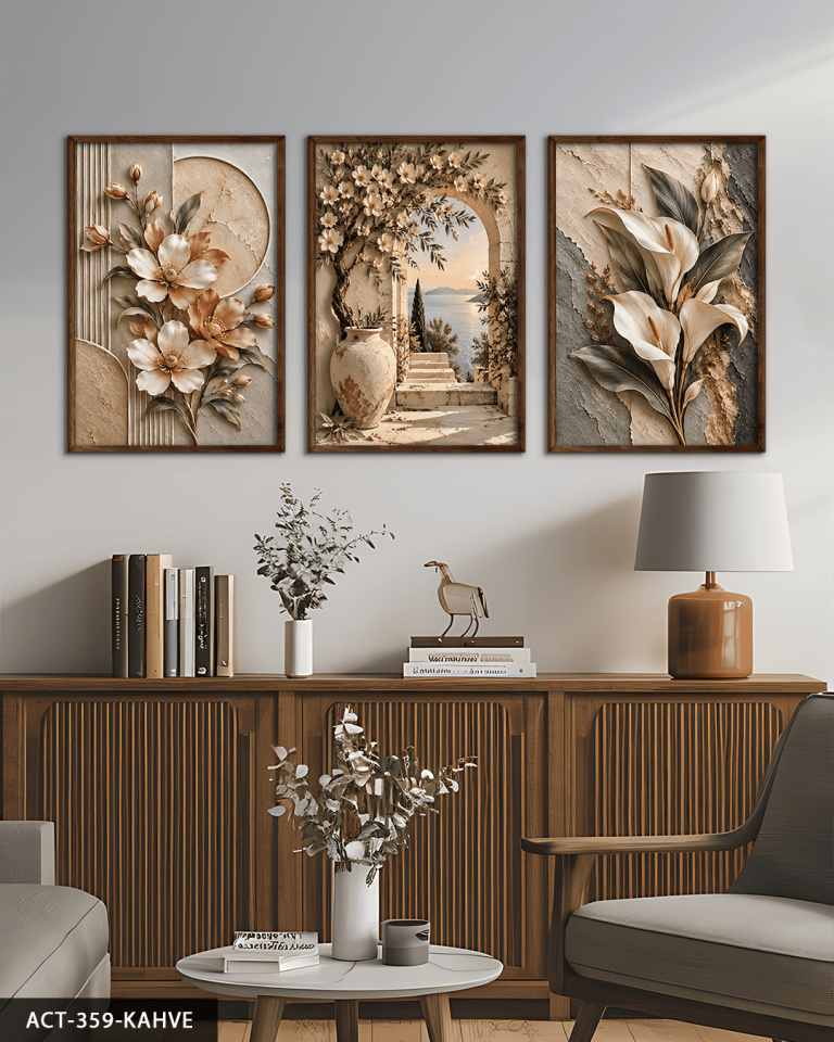 Dokulu Görünüm Çiçekli Manzara ve Zambak 3 Parça Ahşap Çerçeveli Tablo ACT Kahverengi - 50 x 70 CM