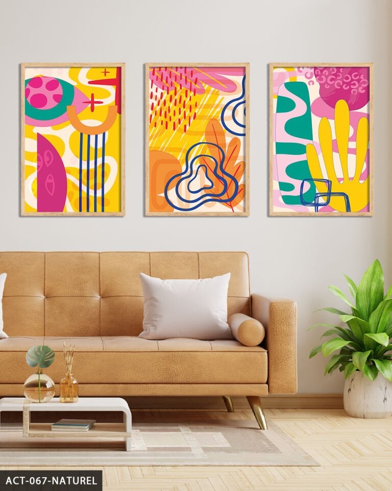 Rengarenk Desenler 3 Parça Ahşap Çerçeveli Tablo Naturel - 40 x 60 CM