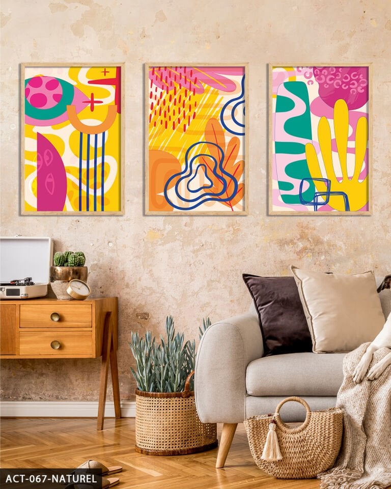Rengarenk Desenler 3 Parça Ahşap Çerçeveli Tablo Naturel - 40 x 60 CM