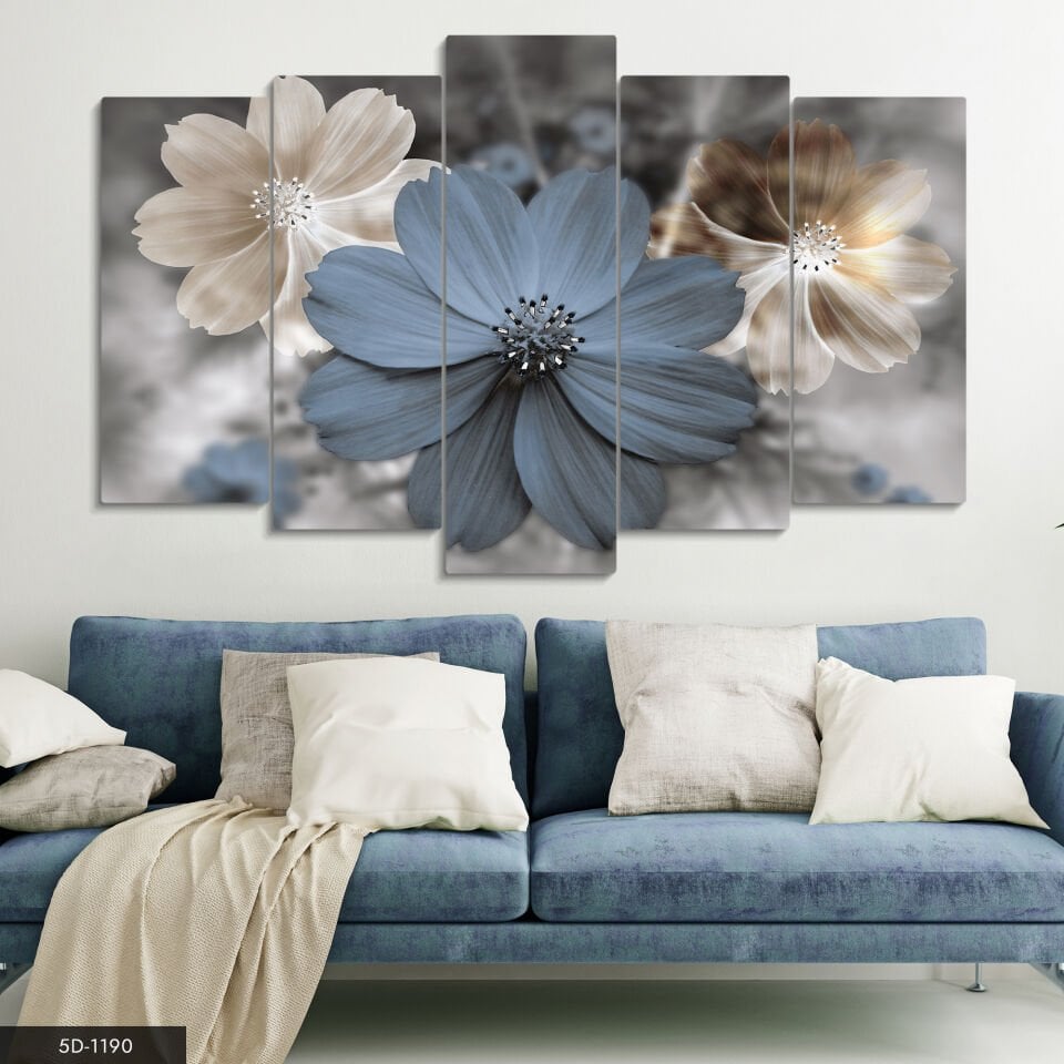 Renkli Çiçekler 5 Parça Mdf Tablo 60x100 CM