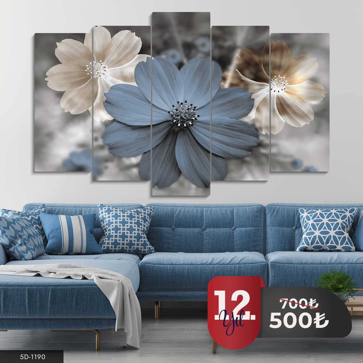 Renkli Çiçekler 5 Parça Mdf Tablo 60x100 CM