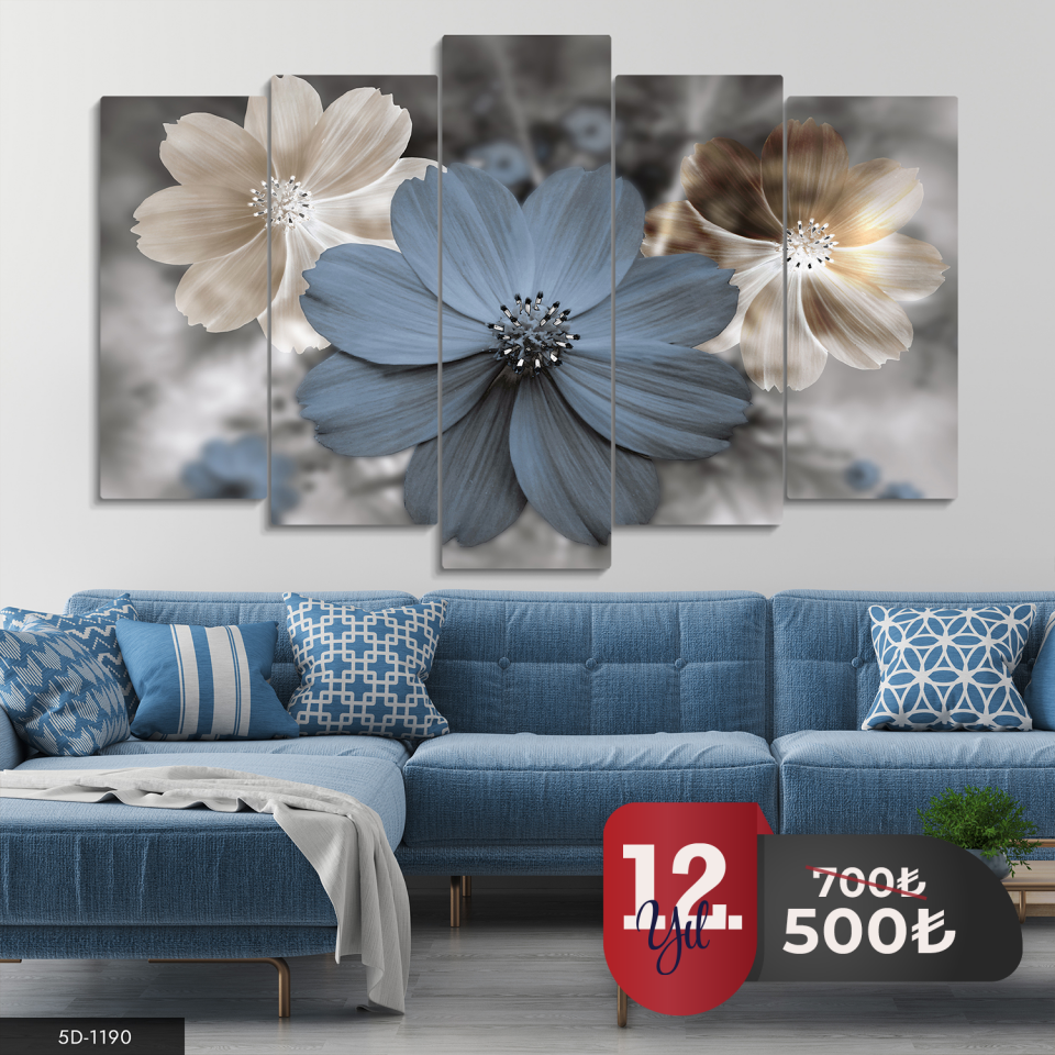 Renkli Çiçekler 5 Parça Mdf Tablo 60x100 CM