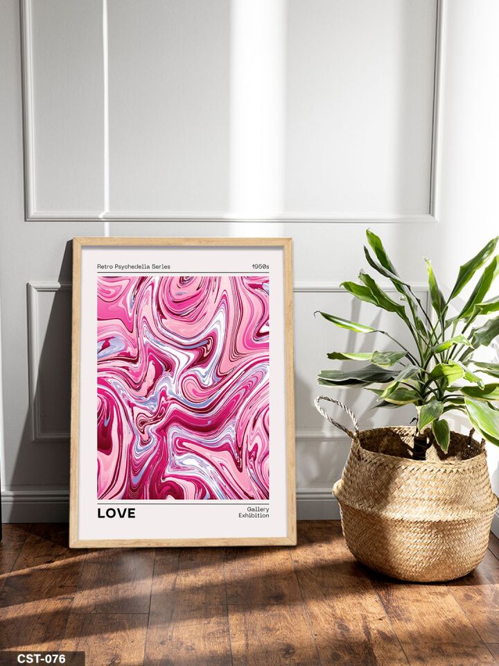 Pembe Mermer Desen Love Yazılı Tek Parça Ahşap Çerçeveli Tablo Naturel - 30 x 40 CM