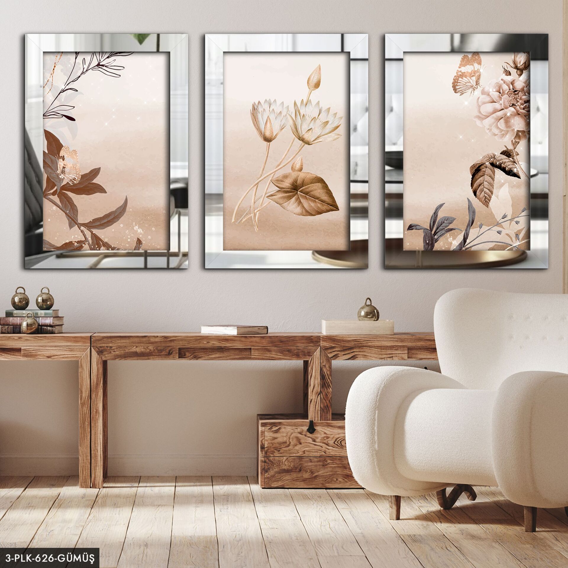 Çiçek Yaprak Kelebek 3 Parça Pleksi Aynalı Tablo 20 x 30 CM - Gümüş