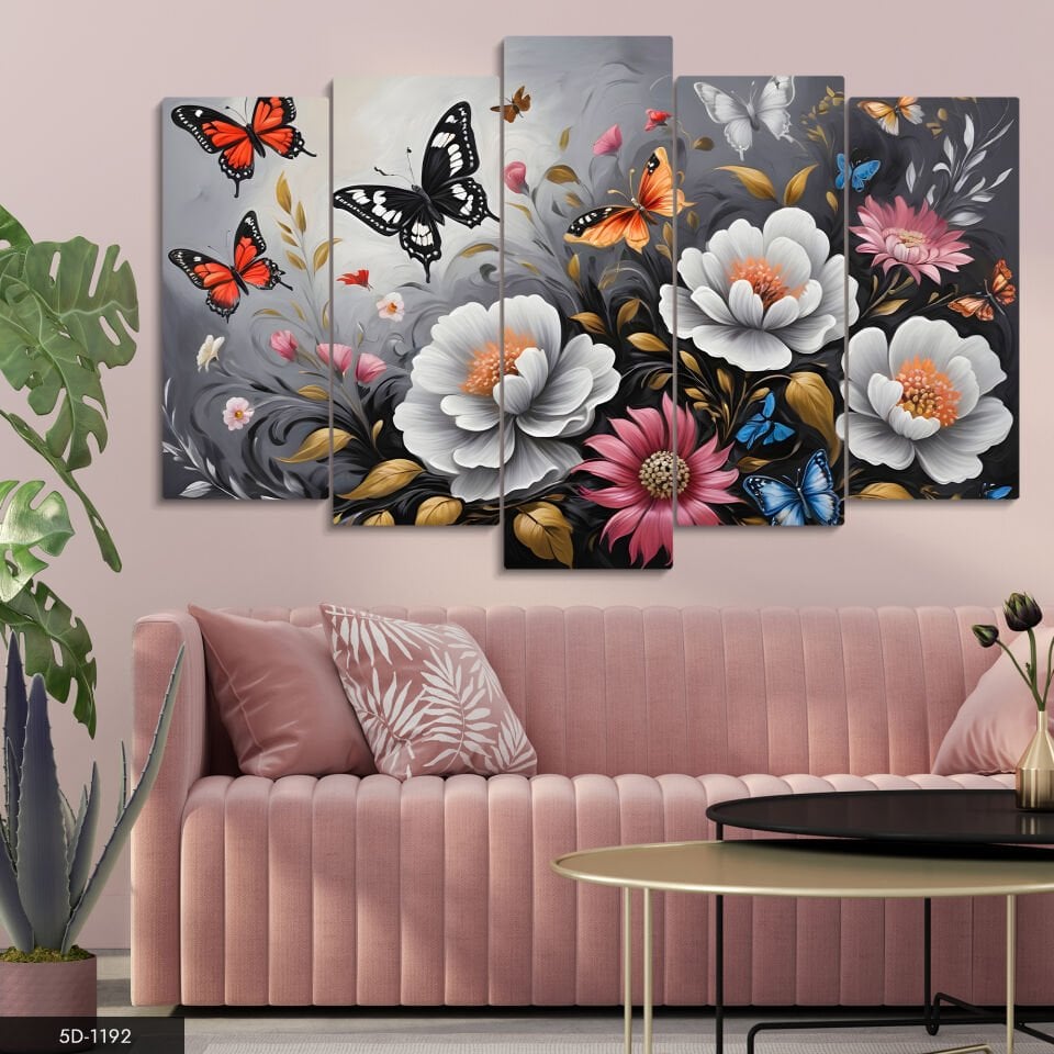 Renkli Çiçekler ve Kelebekler 5 Parça Mdf Tablo 60x100 CM