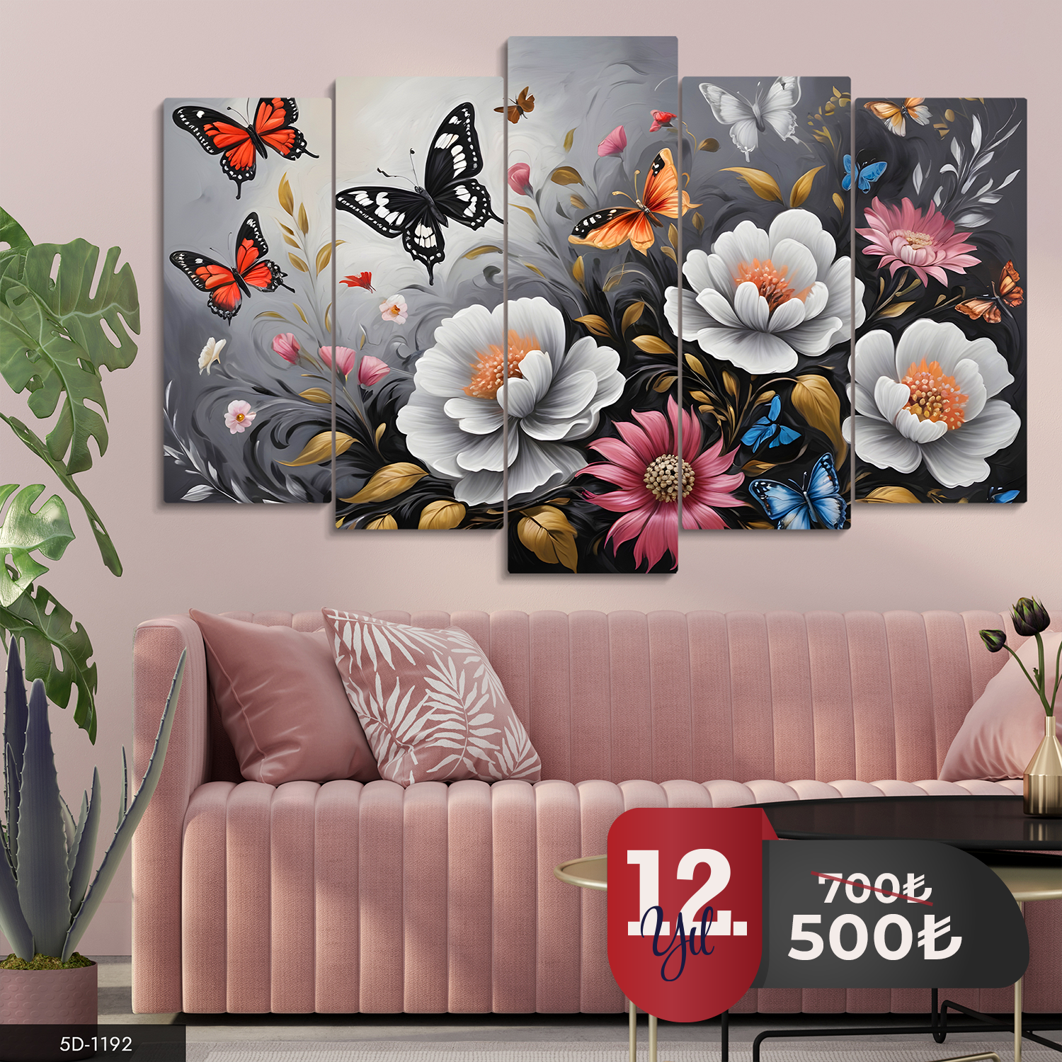 Renkli Çiçekler ve Kelebekler 5 Parça Mdf Tablo 60x100 CM