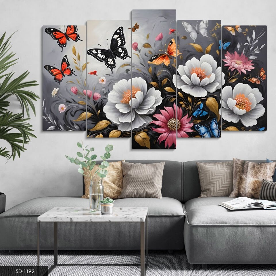 Renkli Çiçekler ve Kelebekler 5 Parça Mdf Tablo 60x100 CM