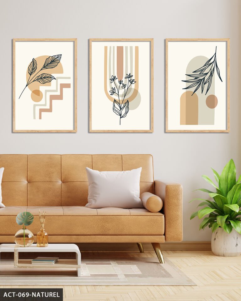 Soyut Çiçek 3 Parça Ahşap Çerçeveli Tablo Naturel - 40 x 60 CM