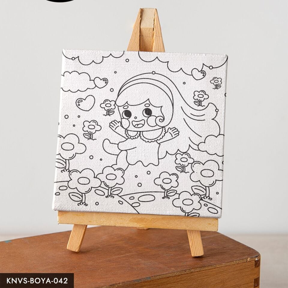 Bahçede Mutlu Kız Çocuklara Özel 20x20 CM Kanvas Tuval Boyama Seti Fırça Boya Dahildir