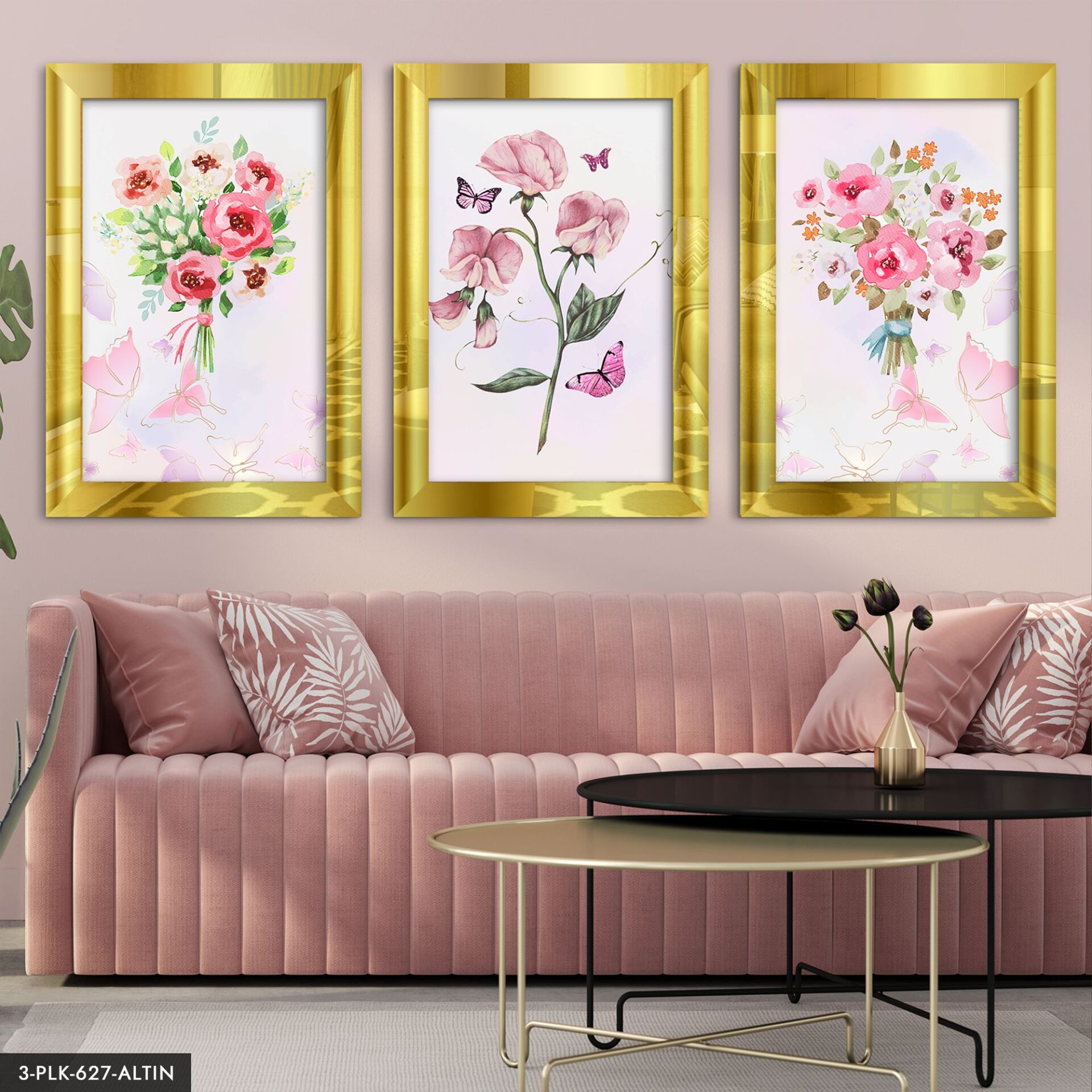 Pembe Çiçekler 3 Parça Pleksi Aynalı Tablo 20 x 30 CM - Gold
