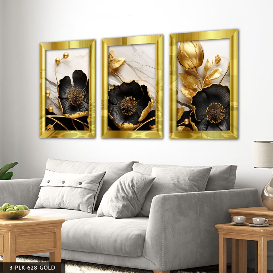 Gold Yapraklı Siyah Çiçek 3 Parça Pleksi Aynalı Tablo 20 x 30 CM - Gold