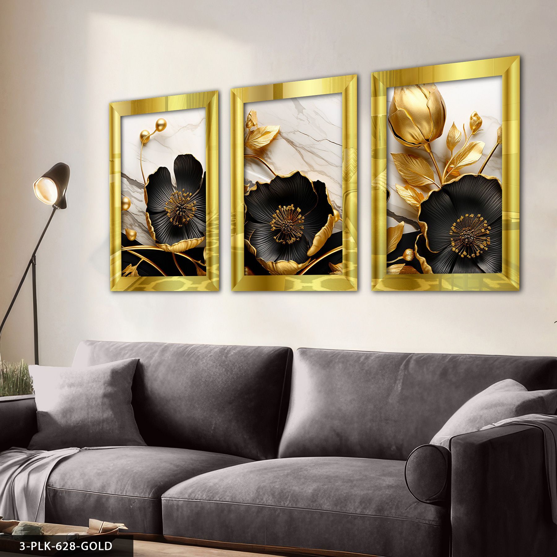Gold Yapraklı Siyah Çiçek 3 Parça Pleksi Aynalı Tablo 20 x 30 CM - Gold