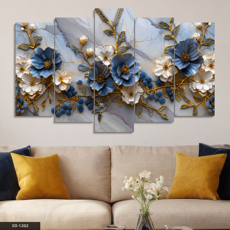 Mavi Beyaz Çiçekler 5 Parça Mdf Tablo 60x100 CM