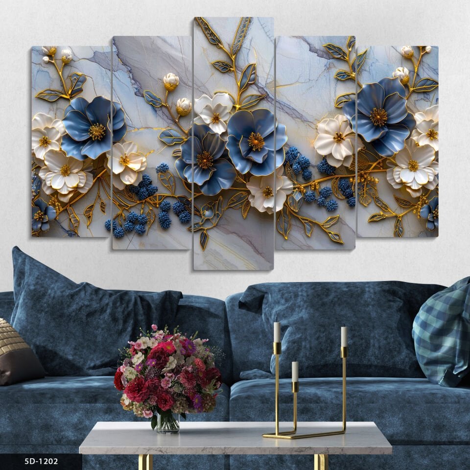 Mavi Beyaz Çiçekler 5 Parça Mdf Tablo 60x100 CM